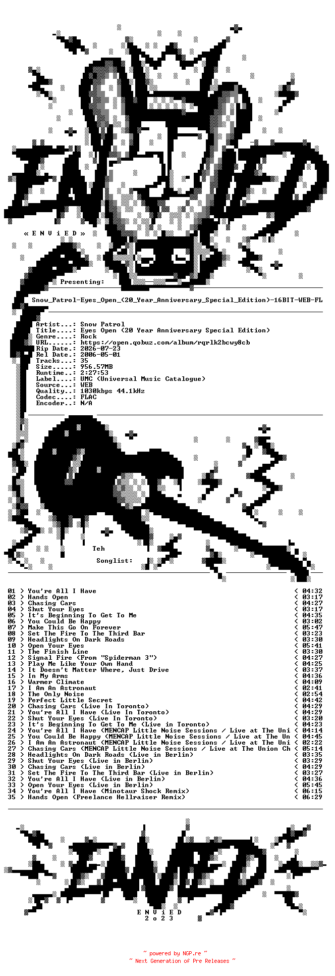 NFO for the release Snow_Patrol-Eyes_Open_(20_Year_Anniversary_Special_Edition)-16BIT-WEB-FLAC-2026-ENViED by ENViED