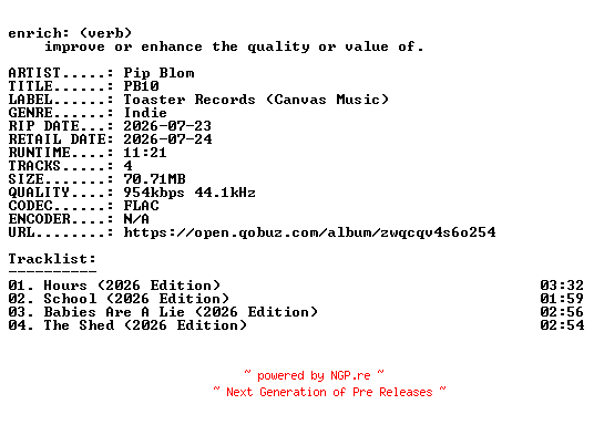 NFO for the release Pip_Blom-PB10-EP-16BIT-WEB-FLAC-2026-ENRiCH by ENRiCH