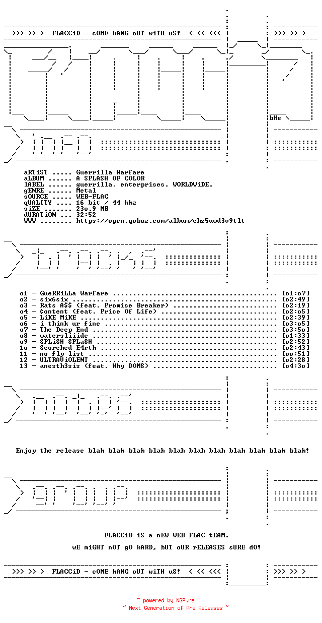 NFO for the release Guerrilla_Warfare-A_SPLASH_OF_COLOR-16BIT-WEB-FLAC-2026-FLACCiD by FLACCiD