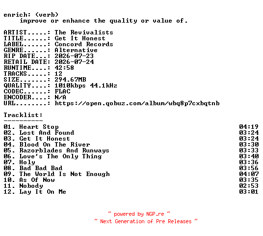 NFO for the release The_Revivalists-Get_It_Honest-16BIT-WEB-FLAC-2026-ENRiCH by ENRiCH