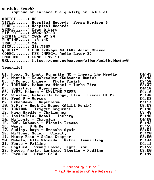 NFO for the release VA-Hospital_Records_Forza_Horizon_6-OST-WEB-2026-ENRiCH by ENRiCH