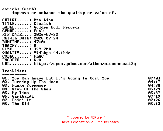 NFO for the release Mtn_Lion-Stealth-16BIT-WEB-FLAC-2026-ENRiCH by ENRiCH