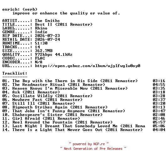 NFO for the release The_Smiths-Best_II_(2011_Remaster)-16BIT-WEB-FLAC-2026-ENRiCH by ENRiCH