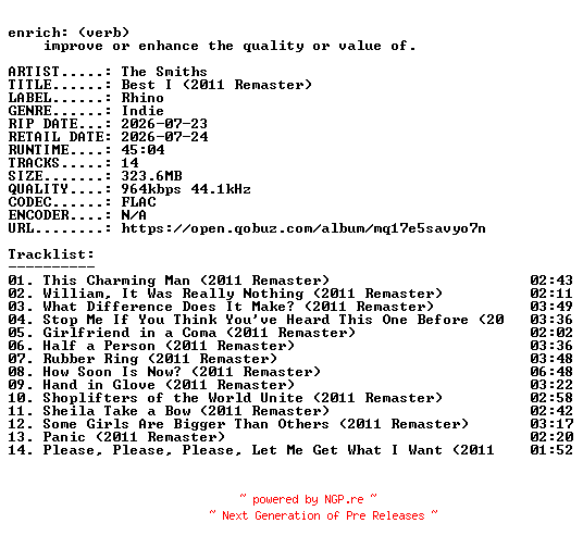 NFO for the release The_Smiths-Best_I_(2011_Remaster)-16BIT-WEB-FLAC-2026-ENRiCH by ENRiCH