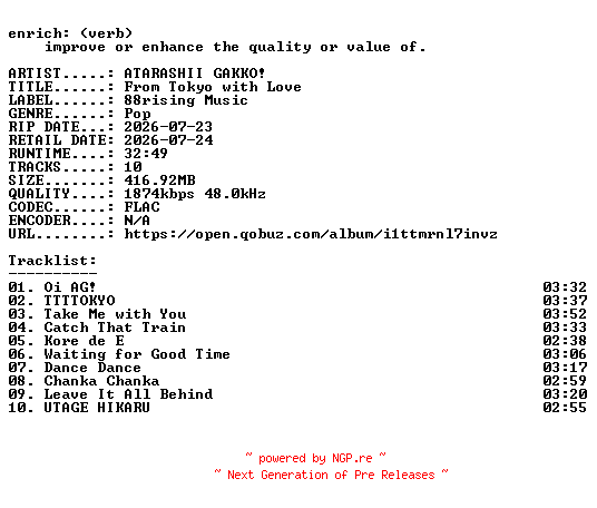 NFO for the release ATARASHII_GAKKO-From_Tokyo_with_Love-JP-24BIT-WEB-FLAC-2026-ENRiCH by ENRiCH