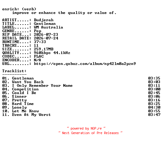 NFO for the release Budjerah-Gentleman-16BIT-WEB-FLAC-2026-ENRiCH by ENRiCH