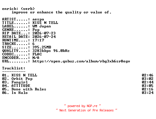 NFO for the release aespa-KISS_N_TELL-JP-EP-24BIT-WEB-FLAC-2026-ENRiCH by ENRiCH