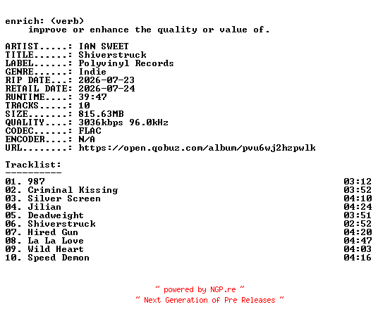 NFO for the release IAN_SWEET-Shiverstruck-24BIT-WEB-FLAC-2026-ENRiCH by ENRiCH