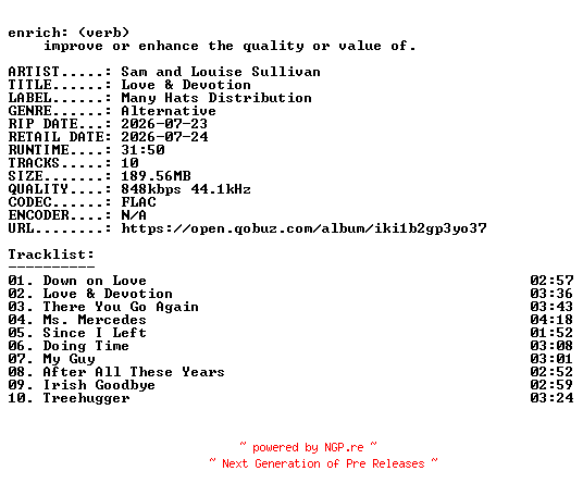 NFO for the release Sam_and_Louise_Sullivan-Love_and_Devotion-16BIT-WEB-FLAC-2026-ENRiCH by ENRiCH