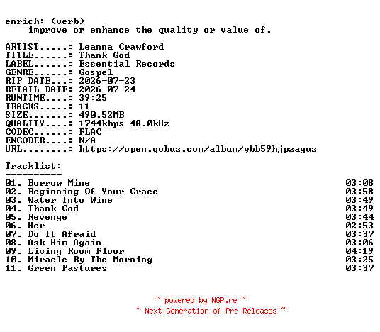 NFO for the release Leanna_Crawford-Thank_God-24BIT-WEB-FLAC-2026-ENRiCH by ENRiCH