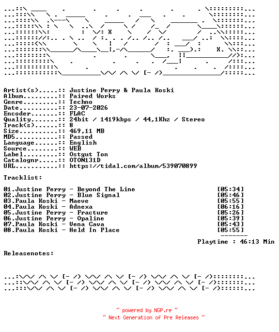NFO for the release Justine_Perry_And_Paula_Koski-Paired_Works-OTON131D-24BIT-WEB-FLAC-2026-WAVED by WAVED