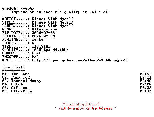 NFO for the release Dinner_With_Myself-Dinner_With_Myself-EP-16BIT-WEB-FLAC-2026-ENRiCH by ENRiCH