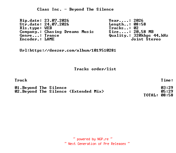 NFO for the release Claas_Inc._-_Beyond_The_Silence-(CD069)-WEB-2026-FMC by FMC