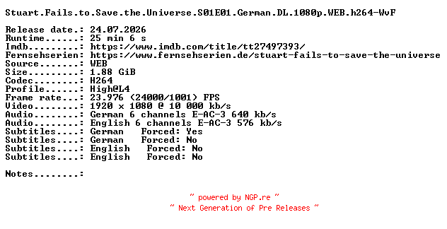 NFO for the release Stuart.Fails.to.Save.the.Universe.S01E01.German.DL.1080p.WEB.h264-WvF by WvF