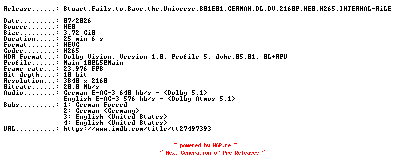NFO for the release Stuart.Fails.to.Save.the.Universe.S01E01.GERMAN.DL.DV.2160P.WEB.H265.INTERNAL-RiLE by RiLE
