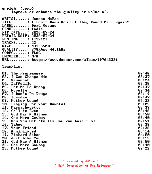 NFO for the release Jensen_McRae-I_Dont_Know_How_But_They_Found_Me_Again-16BIT-WEB-FLAC-2026-ENRiCH by ENRiCH