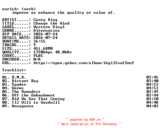 NFO for the release Corey_King-Change_the_Wind-24BIT-WEB-FLAC-2026-ENRiCH by ENRiCH
