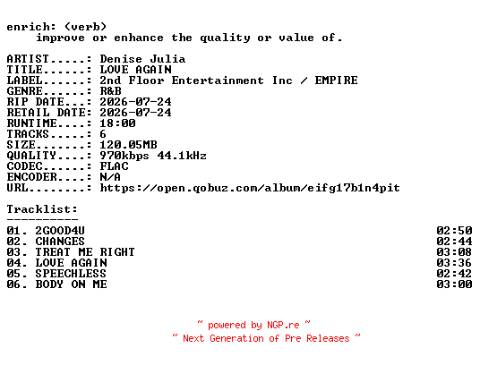 NFO for the release Denise_Julia-LOVE_AGAIN-EP-16BIT-WEB-FLAC-2026-ENRiCH by ENRiCH