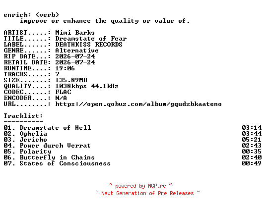 NFO for the release Mimi_Barks-Dreamstate_of_Fear-EP-16BIT-WEB-FLAC-2026-ENRiCH by ENRiCH