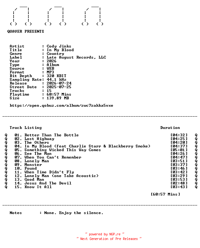 NFO for the release Cody_Jinks-In_My_Blood-DELUXE_EDITION-WEB-2026-QUAVER by QUAVER