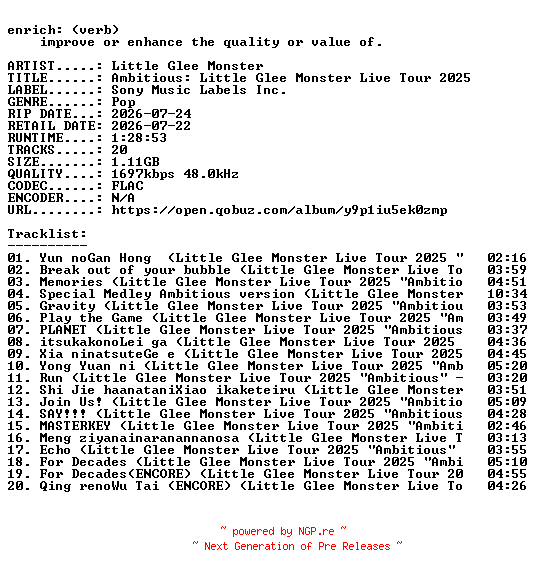 NFO for the release Little_Glee_Monster-Ambitious_Little_Glee_Monster_Live_Tour_2025-JP-24BIT-WEB-FLAC-2026-ENRiCH by ENRiCH