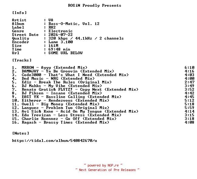 NFO for the release VA-Bass-O-Matic_Vol._12-WEB-2026-ROSiN by ROSiN