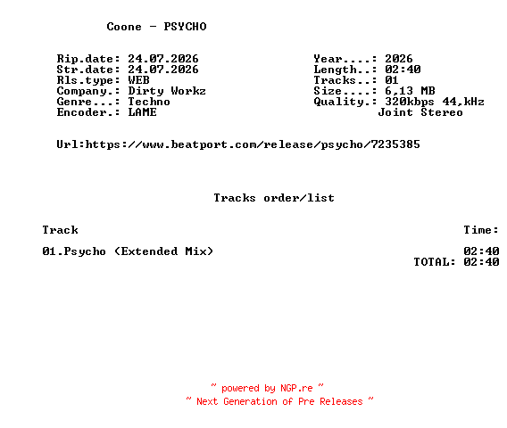 NFO for the release Coone_-_PSYCHO-(DWX2184)-SINGLE-WEB-2026-FMC by FMC