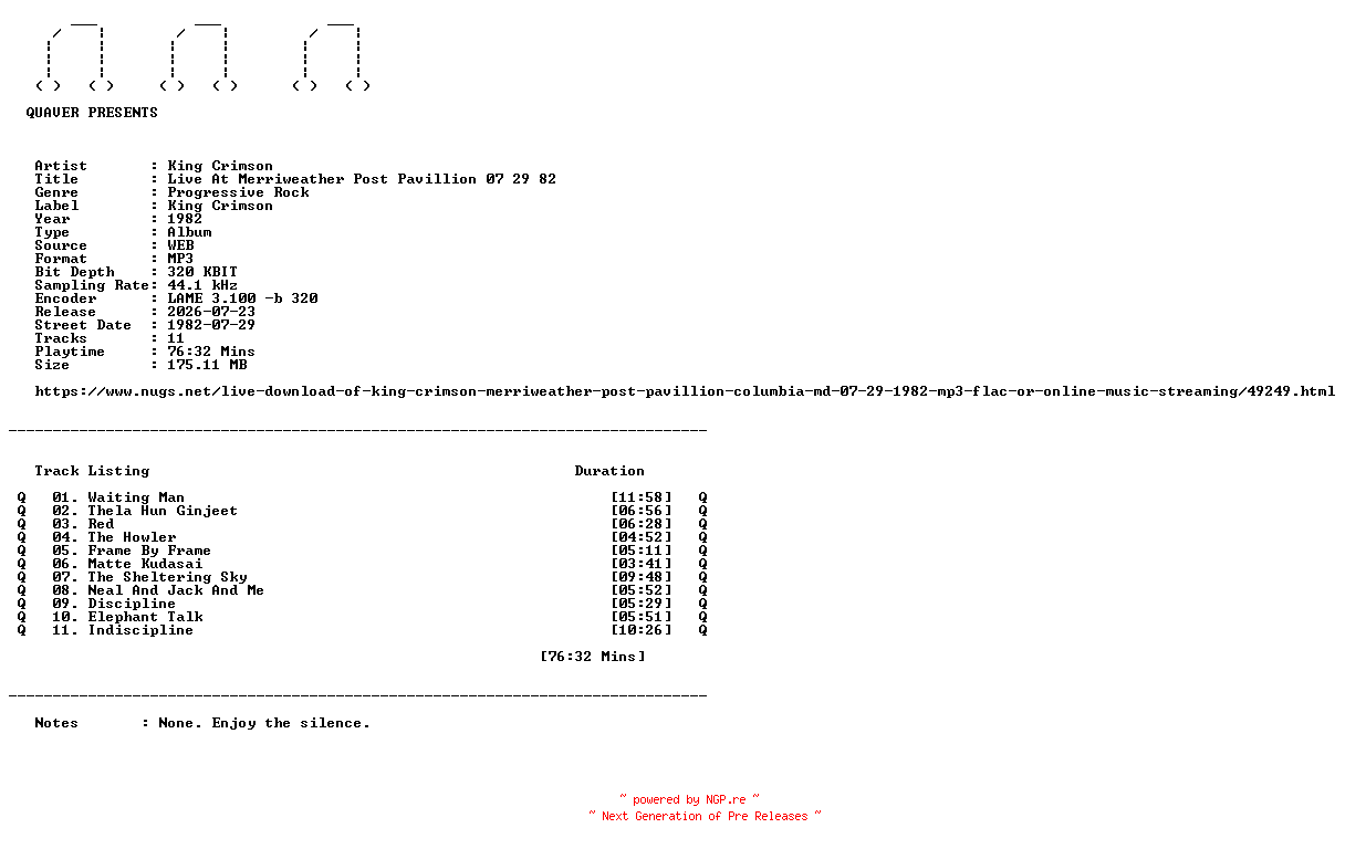 NFO for the release King_Crimson-Live_At_Merriweather_Post_Pavillion_07_29_82-WEB-1982-QUAVER by QUAVER