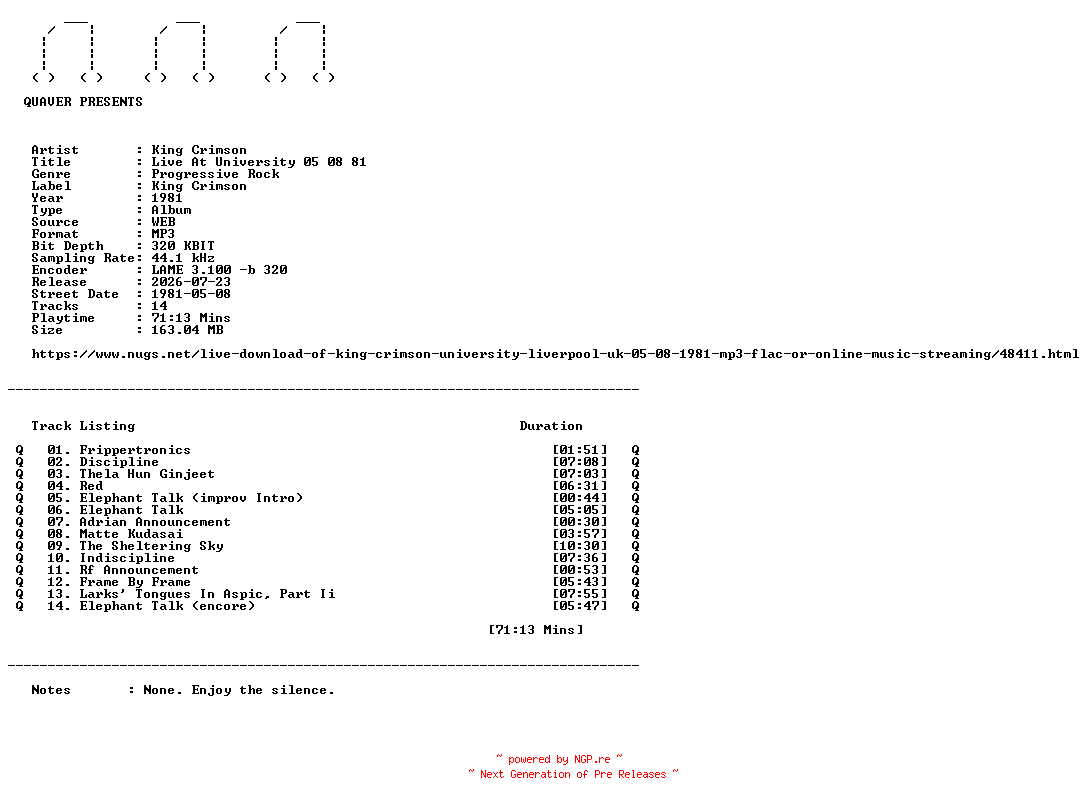 NFO for the release King_Crimson-Live_At_University_05_08_81-WEB-1981-QUAVER by QUAVER
