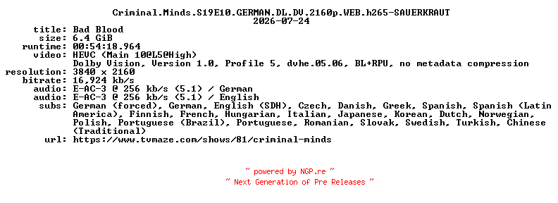 NFO for the release Criminal.Minds.S19E10.GERMAN.DL.DV.2160p.WEB.h265-SAUERKRAUT by SAUERKRAUT