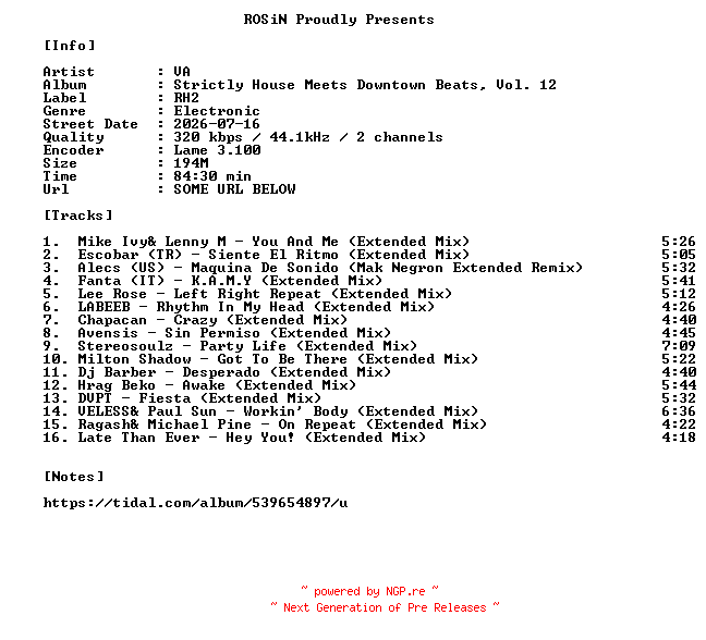 NFO for the release VA-Strictly_House_Meets_Downtown_Beats_Vol._12-WEB-2026-ROSiN by ROSiN