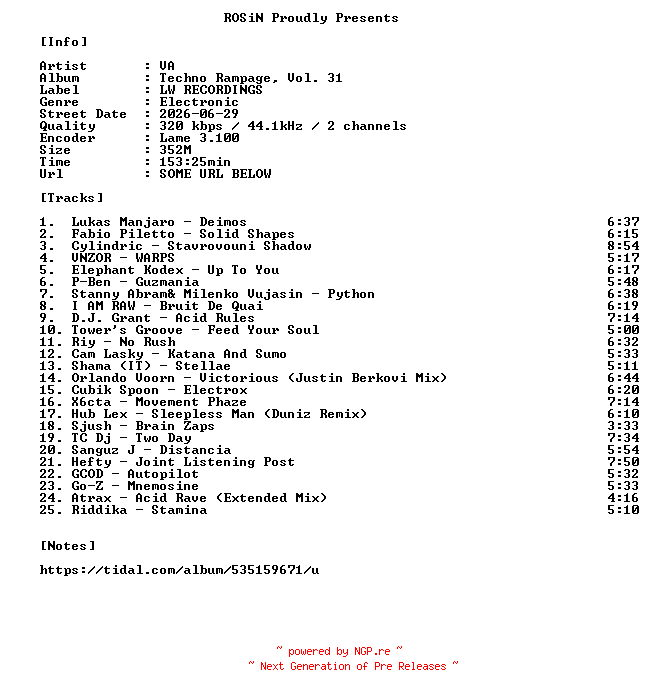 NFO for the release VA-Techno_Rampage_Vol._31-WEB-2026-ROSiN by ROSiN