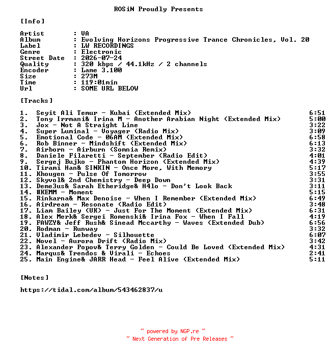 NFO for the release VA-Evolving_Horizons_Progressive_Trance_Chronicles_Vol._20-WEB-2026-ROSiN by ROSiN
