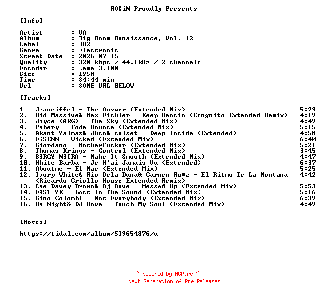NFO for the release VA-Big_Room_Renaissance_Vol._12-WEB-2026-ROSiN by ROSiN