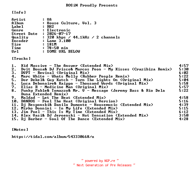 NFO for the release VA-House_Culture_Vol._3-WEB-2026-ROSiN by ROSiN