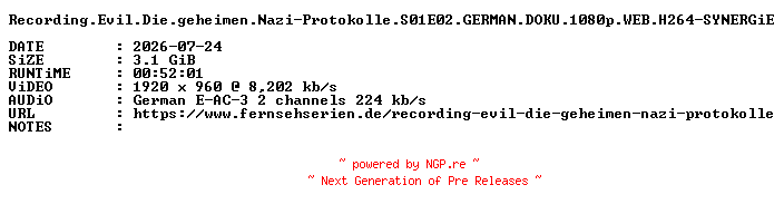 NFO for the release Recording.Evil.Die.geheimen.Nazi-Protokolle.S01E02.GERMAN.DOKU.1080p.WEB.H264-SYNERGiE by SYNERGiE
