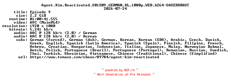NFO for the release Agent.Kim.Reactivated.S01E09.GERMAN.DL.1080p.WEB.h264-SAUERKRAUT by SAUERKRAUT