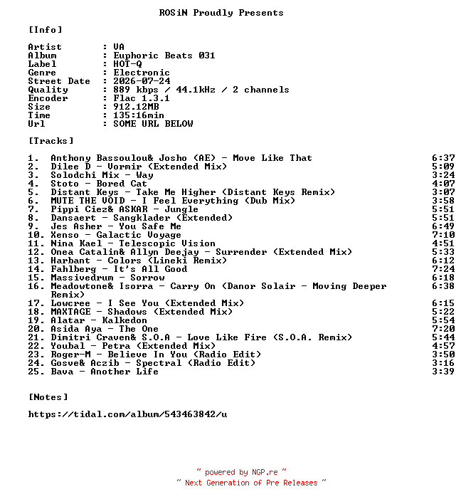 NFO for the release VA-Euphoric_Beats_031-16BIT-WEB-FLAC-2026-ROSiN by ROSiN