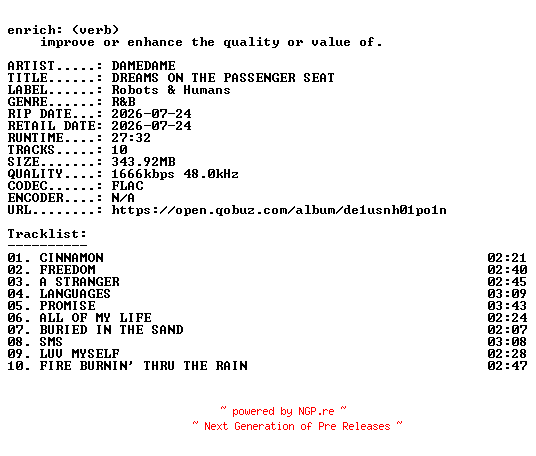 NFO for the release DAMEDAME-DREAMS_ON_THE_PASSENGER_SEAT-24BIT-WEB-FLAC-2026-ENRiCH by ENRiCH