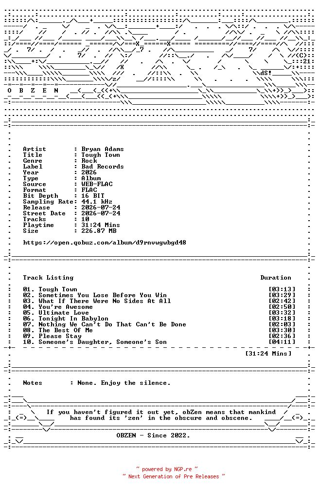 NFO for the release Bryan_Adams-Tough_Town-16BIT-WEB-FLAC-2026-OBZEN by OBZEN