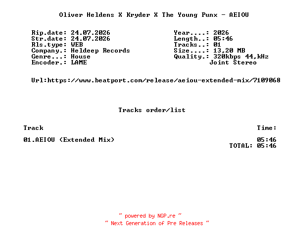 NFO for the release Oliver_Heldens_X_Kryder_X_The_Young_Punx_-_AEIOU-(HDABB118B)-SINGLE-WEB-2026-FMC by FMC