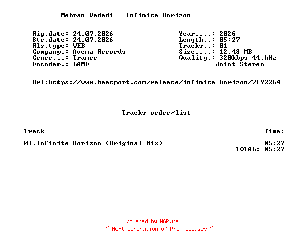 NFO for the release Mehran_Vedadi_-_Infinite_Horizon-(AVENA117)-SINGLE-WEB-2026-FMC by FMC
