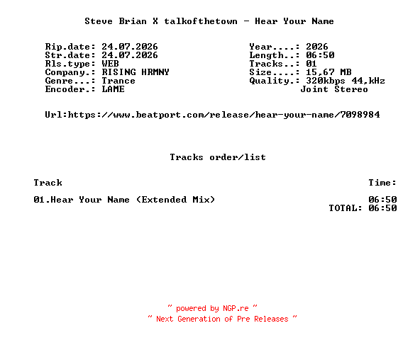NFO for the release Steve_Brian_X_talkofthetown_-_Hear_Your_Name-(RH038)-SINGLE-WEB-2026-FMC by FMC