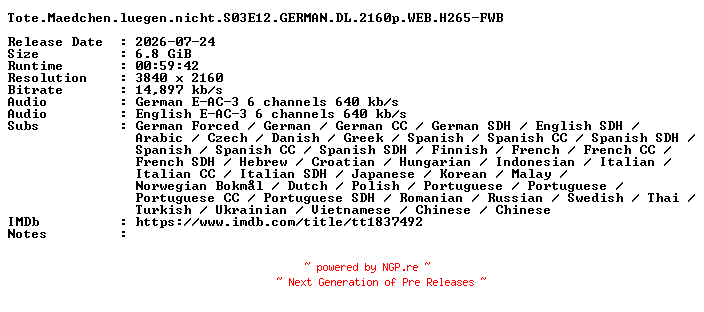 NFO for the release Tote.Maedchen.luegen.nicht.S03E12.GERMAN.DL.2160p.WEB.H265-FWB by FWB