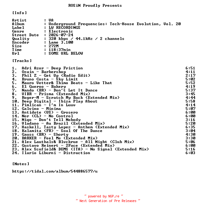 NFO for the release VA-Underground_Frequencies_Tech-House_Evolution_Vol._20-WEB-2026-ROSiN by ROSiN