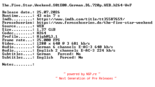 NFO for the release The.Five.Star.Weekend.S01E08.German.DL.720p.WEB.h264-WvF by WvF