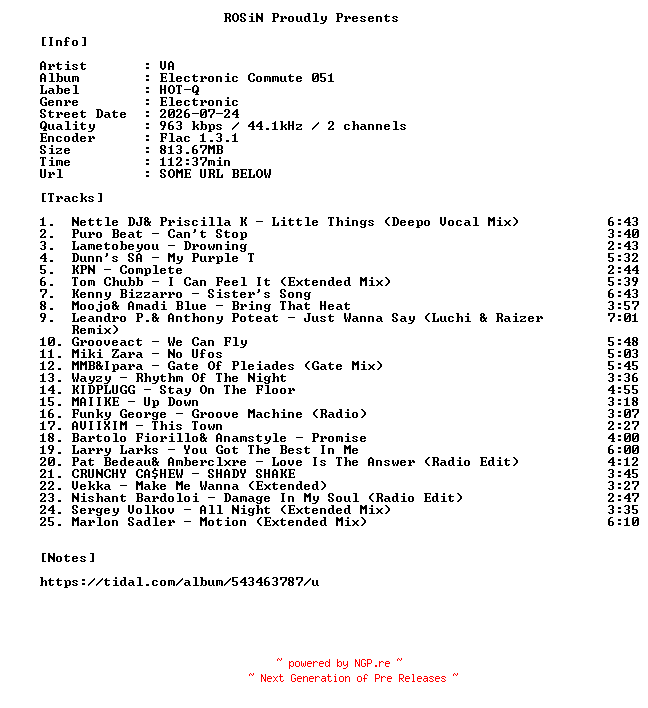NFO for the release VA-Electronic_Commute_051-16BIT-WEB-FLAC-2026-ROSiN by ROSiN