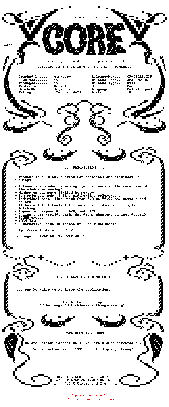NFO for the release Lemkesoft.CADintosh.v8.9.2.815.MacOS.UB.Multilingual.Incl.Keymaker-CORE by CORE