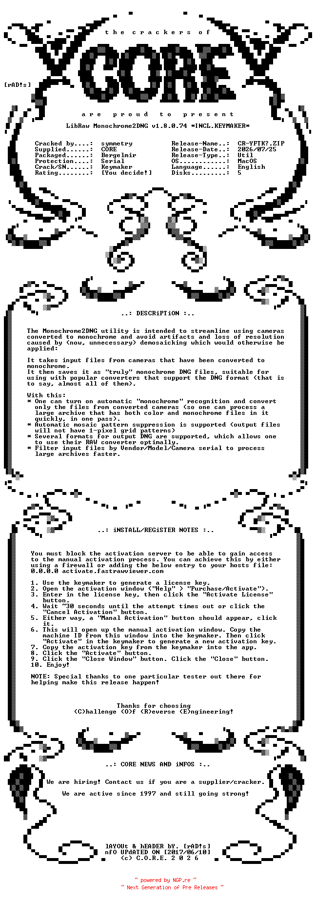 NFO for the release LibRaw.Monochrome2DNG.v1.8.0.74.MacOS.UB.Incl.Keymaker-CORE by CORE