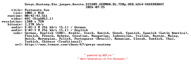 NFO for the release Greys.Anatomy.Die.jungen.Aerzte.S22E09.GERMAN.DL.720p.WEB.h264-SAUERKRAUT by SAUERKRAUT